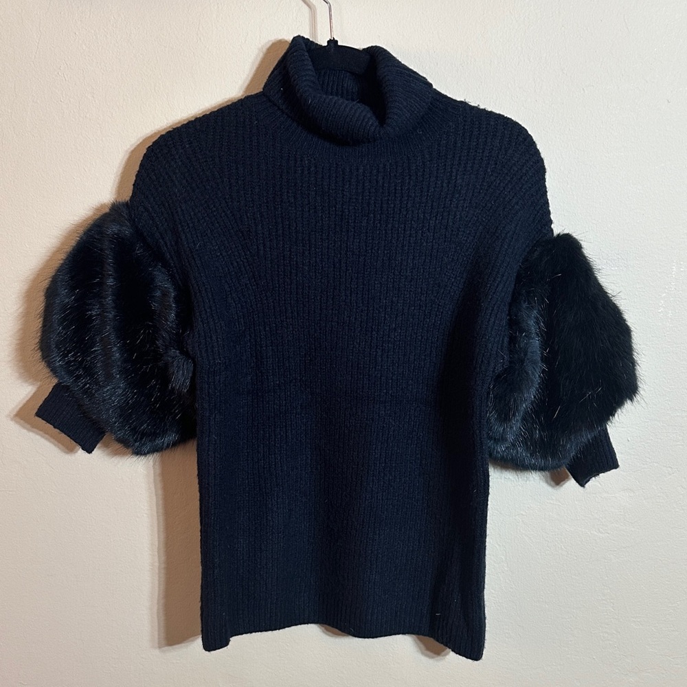 Chic Black Turtleneck Sweater with Faux Fur Accents
